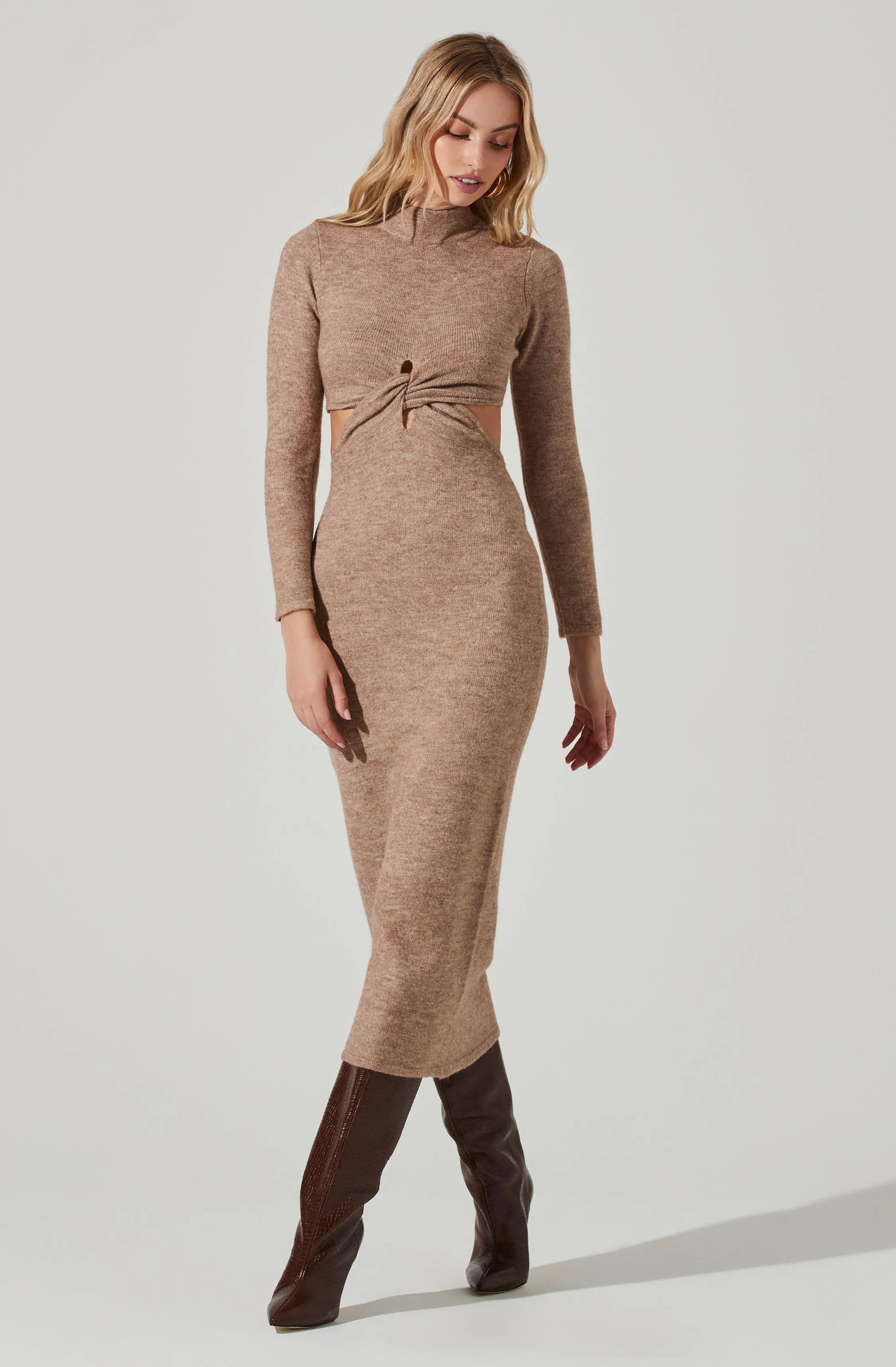 Kenna Mock Neck Twist Front Cutout Midi Dress