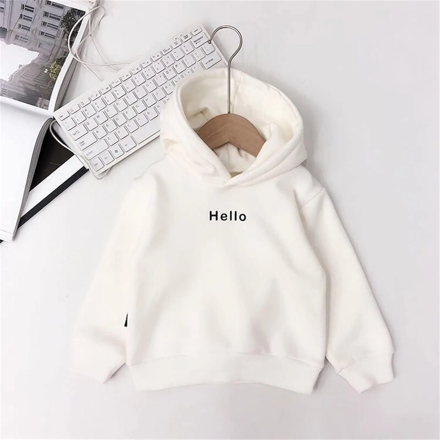 Kids Toddler Boy Girl Hoodies Pullover Hello Letter Print Sweatshirt Fleece Hooded Fall Winter Warm Casual Tops
