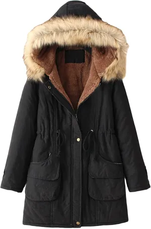 Kubbon Women's Winter Down Coat Fleece Lined Mid Length Parka Coats Long Sleeve Warm Puffer Jacket with Faux Fur Hood