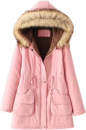 Kubbon Women's Winter Down Coat Fleece Lined Mid Length Parka Coats Long Sleeve Warm Puffer Jacket with Faux Fur Hood