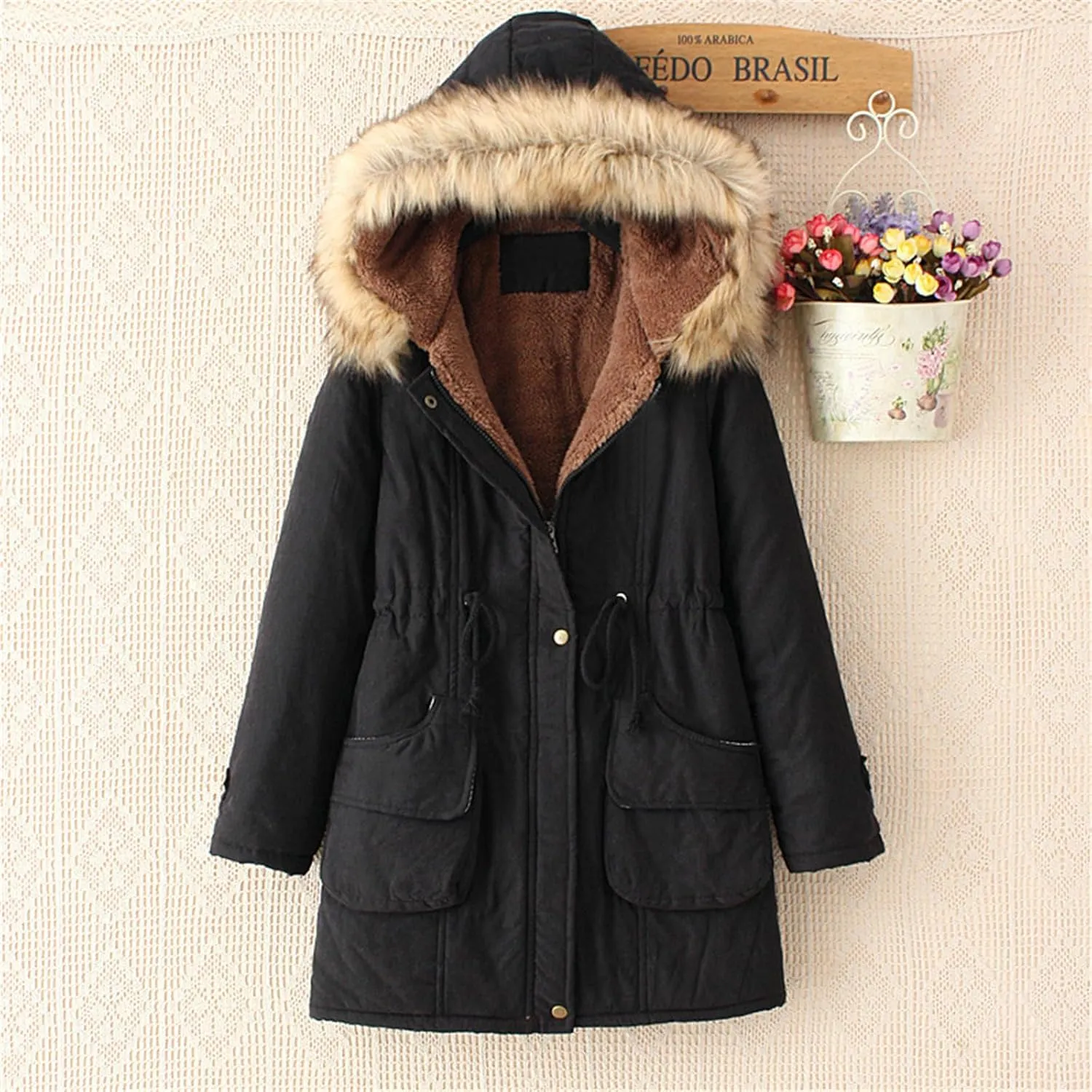 Kubbon Women's Winter Down Coat Fleece Lined Mid Length Parka Coats Long Sleeve Warm Puffer Jacket with Faux Fur Hood