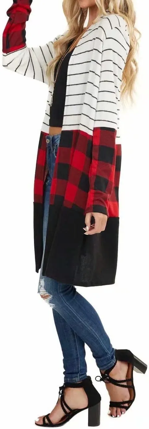 Lacozy Women's Open Front Long Cardigan Draped Snap Buffalo Plaid Shirt Kimono Cardigan Knit Sweater