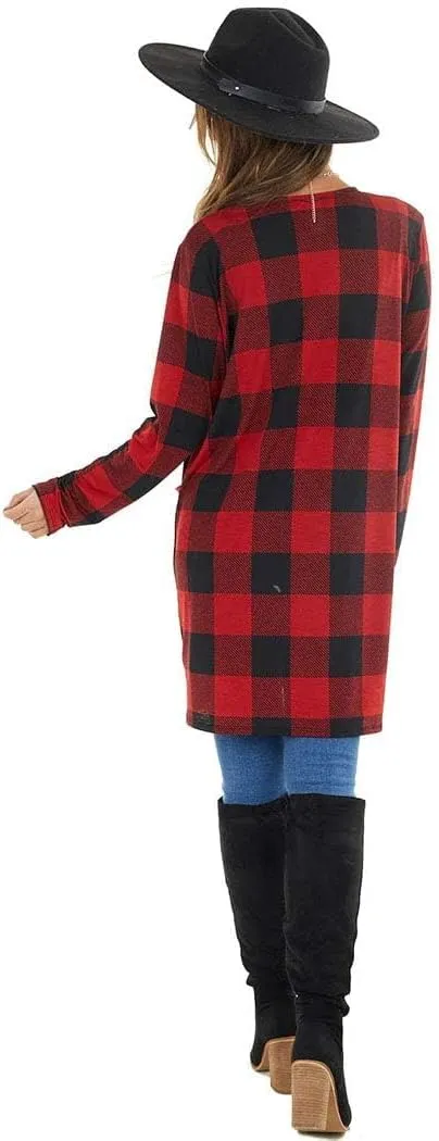 Lacozy Women's Open Front Long Cardigan Draped Snap Buffalo Plaid Shirt Kimono Cardigan Knit Sweater
