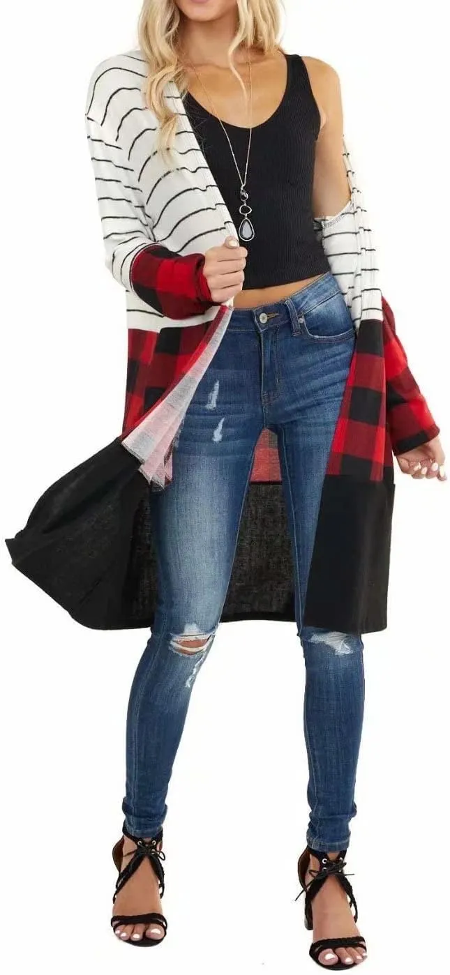 Lacozy Women's Open Front Long Cardigan Draped Snap Buffalo Plaid Shirt Kimono Cardigan Knit Sweater