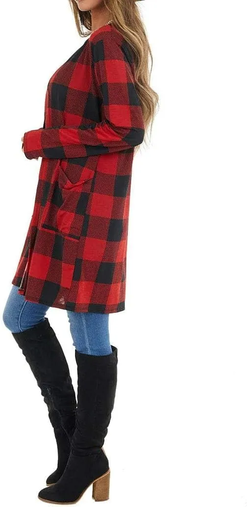 Lacozy Women's Open Front Long Cardigan Draped Snap Buffalo Plaid Shirt Kimono Cardigan Knit Sweater