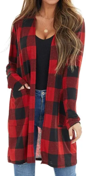 Lacozy Women's Open Front Long Cardigan Draped Snap Buffalo Plaid Shirt Kimono Cardigan Knit Sweater