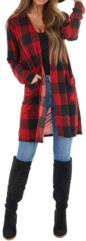 Lacozy Women's Open Front Long Cardigan Draped Snap Buffalo Plaid Shirt Kimono Cardigan Knit Sweater