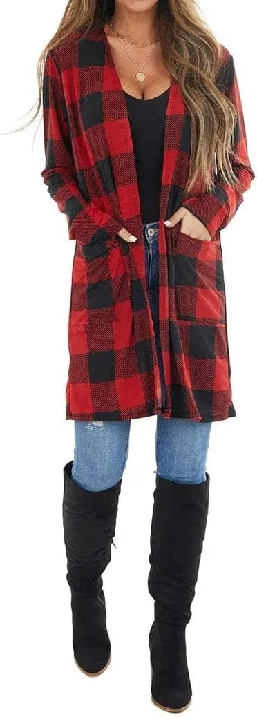 Lacozy Women's Open Front Long Cardigan Draped Snap Buffalo Plaid Shirt Kimono Cardigan Knit Sweater