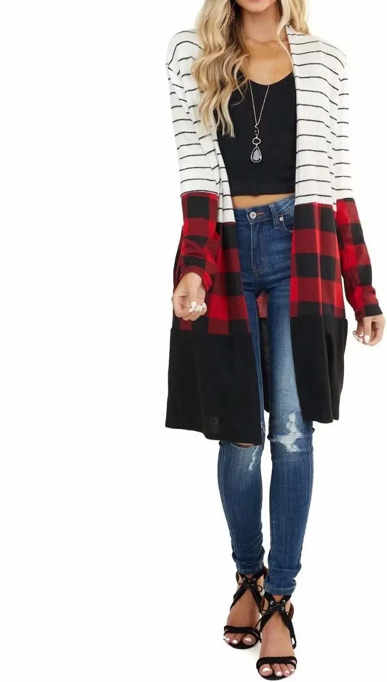 Lacozy Women's Open Front Long Cardigan Draped Snap Buffalo Plaid Shirt Kimono Cardigan Knit Sweater