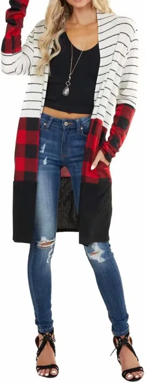 Lacozy Women's Open Front Long Cardigan Draped Snap Buffalo Plaid Shirt Kimono Cardigan Knit Sweater