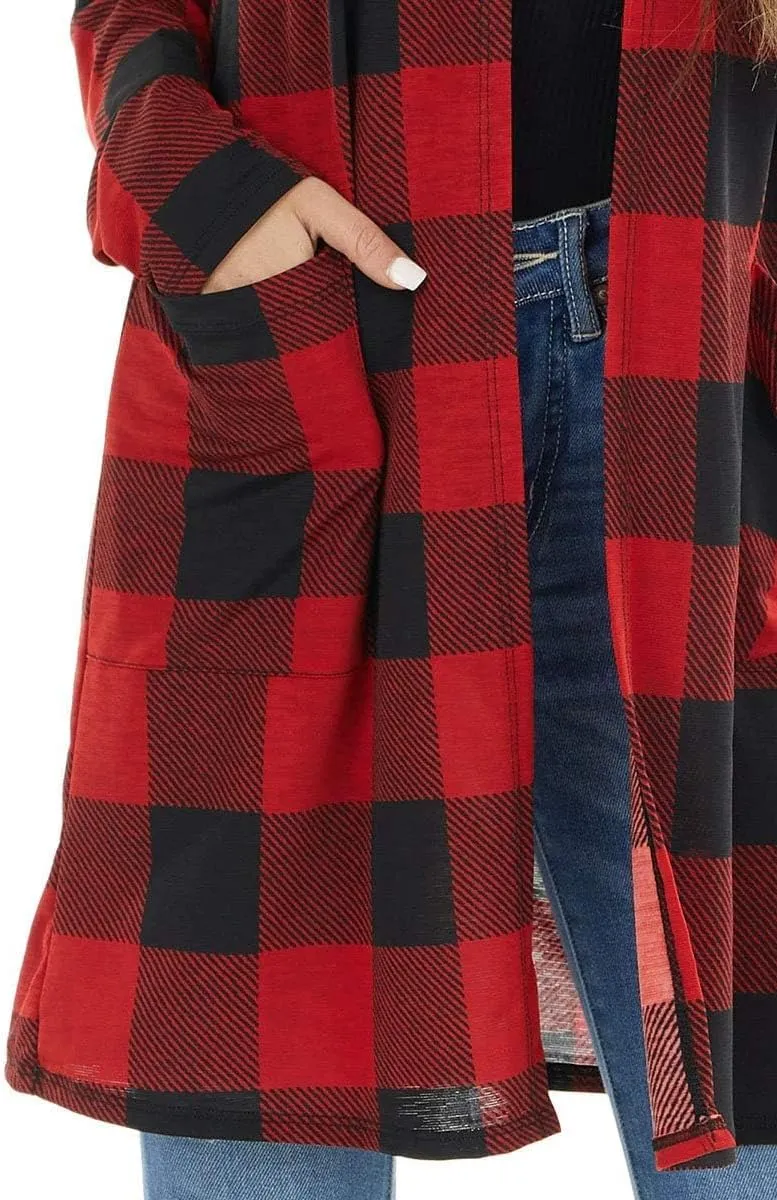 Lacozy Women's Open Front Long Cardigan Draped Snap Buffalo Plaid Shirt Kimono Cardigan Knit Sweater