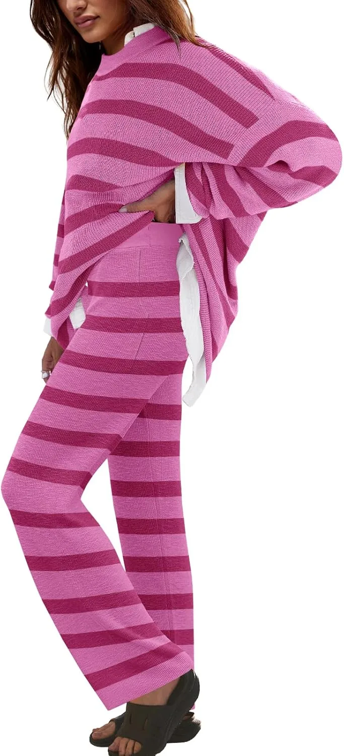 LAMISSCHE Oversized Womens Lounge Set Striped Sweater Set Long Sleeve 2 Piece Pajama Set Top and Pants with Pockets