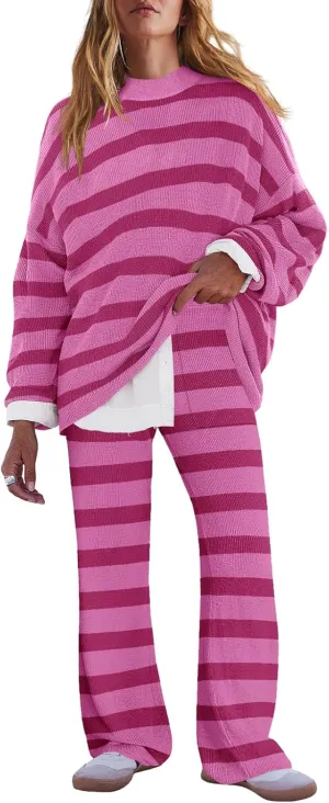 LAMISSCHE Oversized Womens Lounge Set Striped Sweater Set Long Sleeve 2 Piece Pajama Set Top and Pants with Pockets