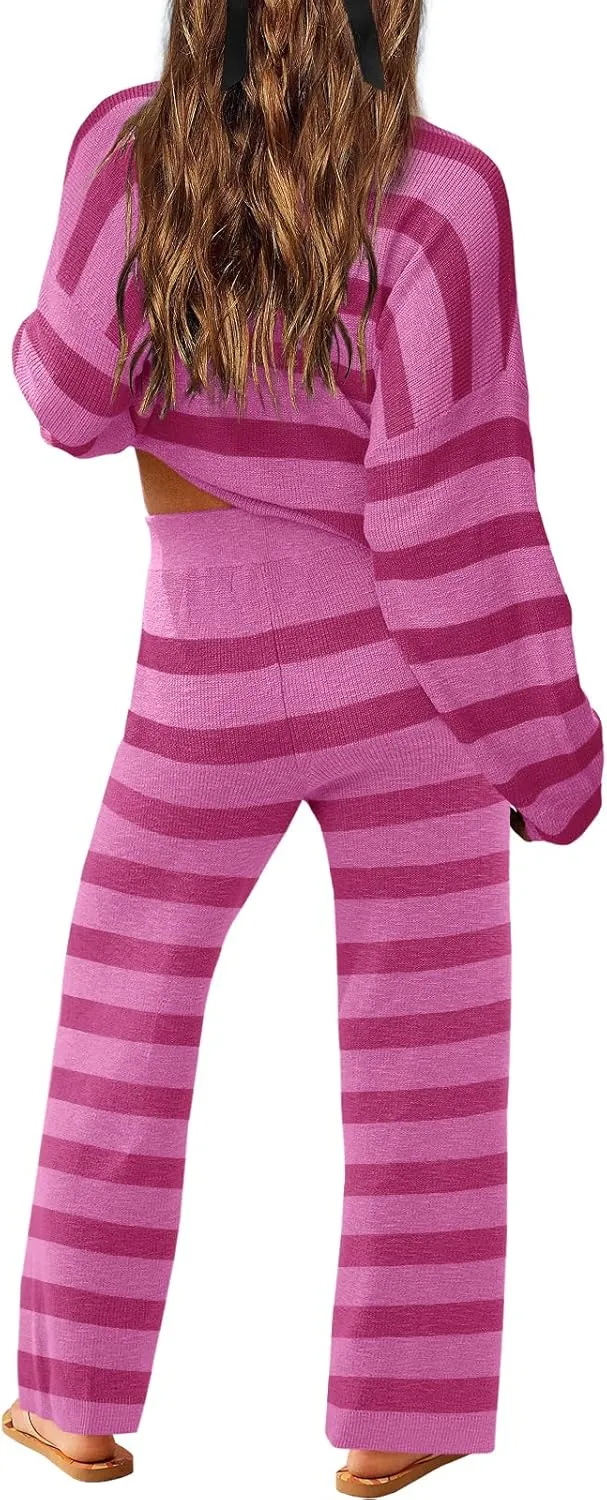 LAMISSCHE Oversized Womens Lounge Set Striped Sweater Set Long Sleeve 2 Piece Pajama Set Top and Pants with Pockets