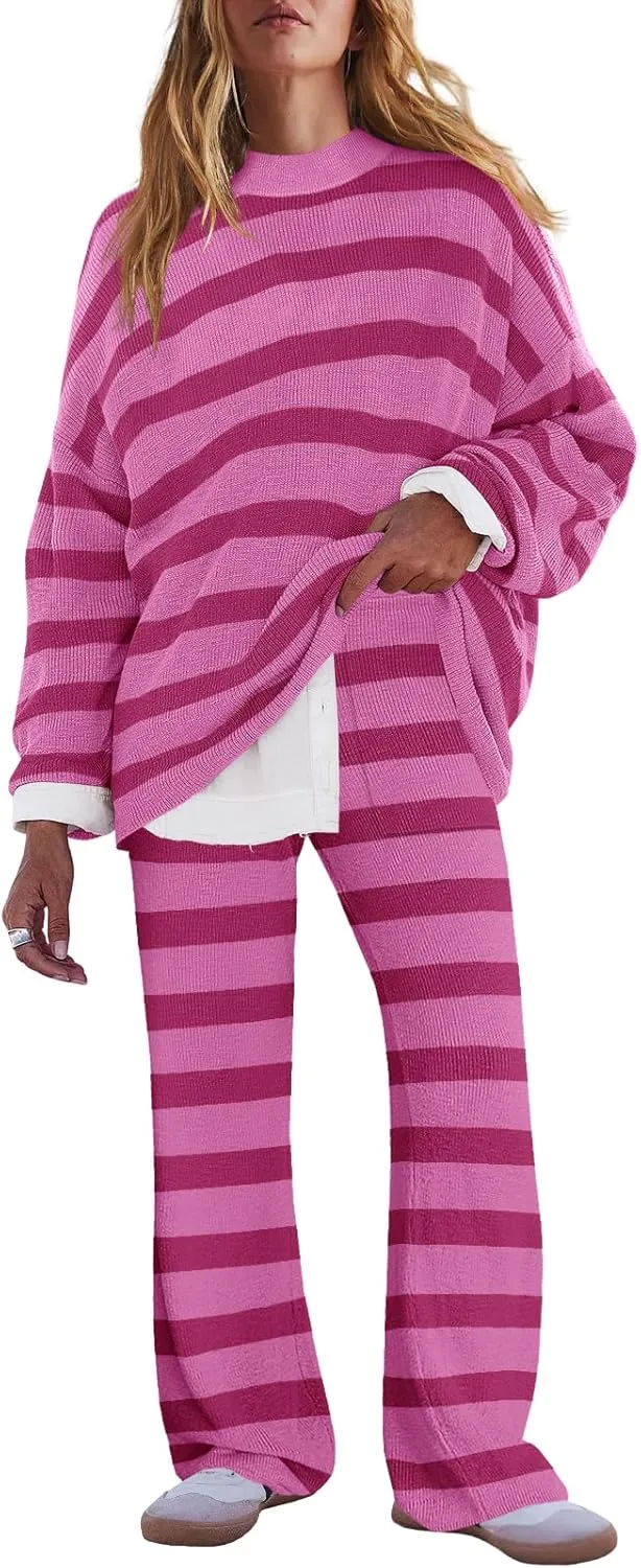 LAMISSCHE Oversized Womens Lounge Set Striped Sweater Set Long Sleeve 2 Piece Pajama Set Top and Pants with Pockets