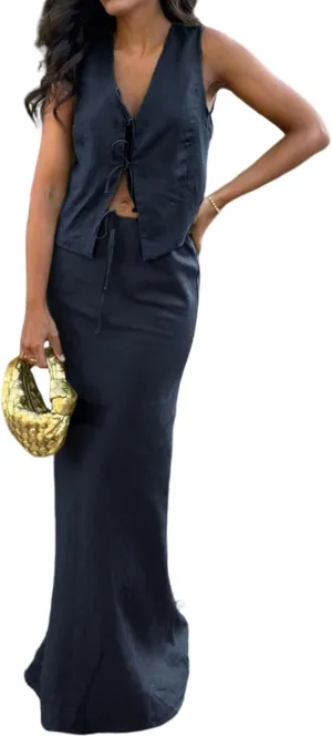 LAPRBY Sleeveless Vest Waistcoat Tie Front Top linen Maxi Skirt Set Going Out Matching Set Y2k Linen Two Piece Set Women