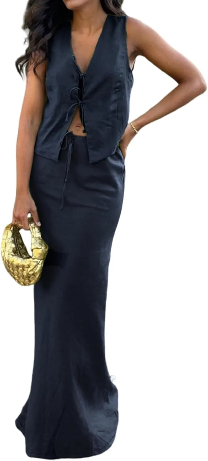 LAPRBY Sleeveless Vest Waistcoat Tie Front Top linen Maxi Skirt Set Going Out Matching Set Y2k Linen Two Piece Set Women