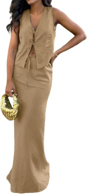 LAPRBY Sleeveless Vest Waistcoat Tie Front Top linen Maxi Skirt Set Going Out Matching Set Y2k Linen Two Piece Set Women