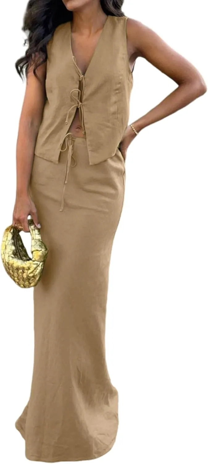 LAPRBY Sleeveless Vest Waistcoat Tie Front Top linen Maxi Skirt Set Going Out Matching Set Y2k Linen Two Piece Set Women