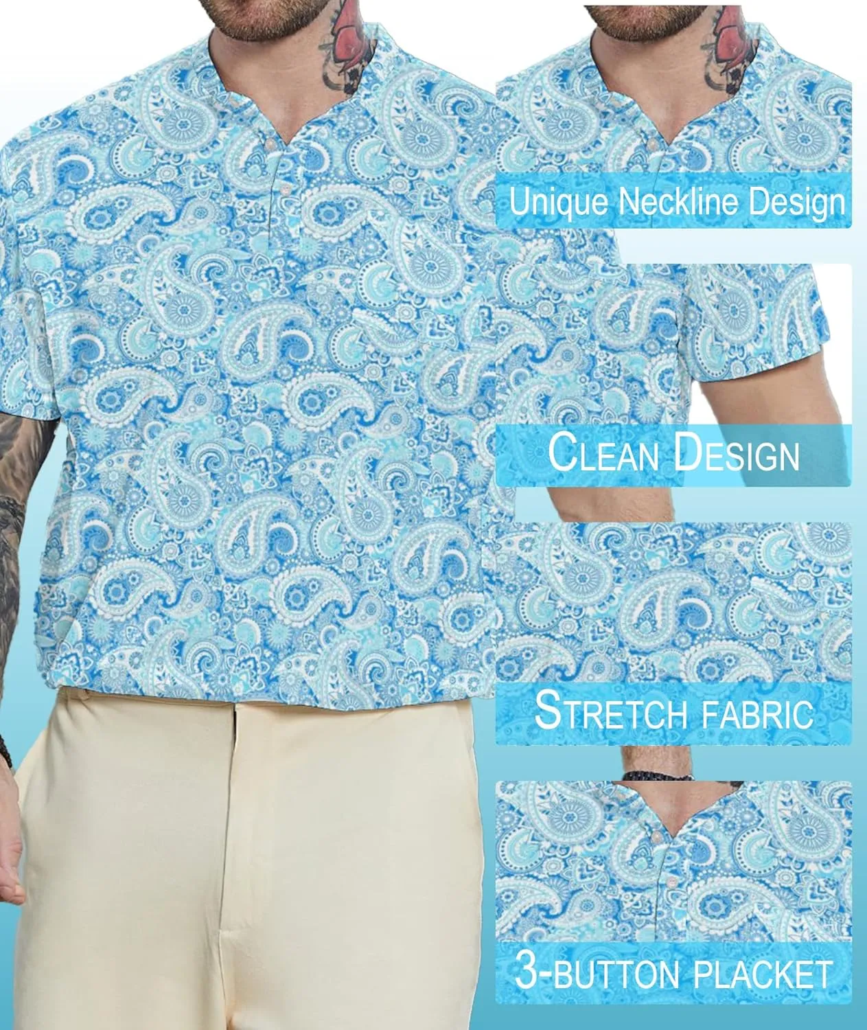 LARSD Men's Henley Shirt Short Sleeve Button Up Stand Collar Casual T-Shirt Top