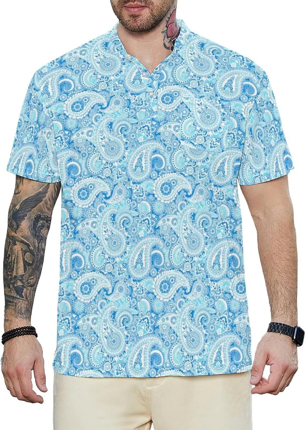 LARSD Men's Henley Shirt Short Sleeve Button Up Stand Collar Casual T-Shirt Top