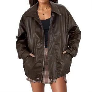 Leather Jacket Women Bomber Vintage Pleather Jacket Oversized Leather Blazer Biker Jacket Motorcycle Jacket Coat Brown L