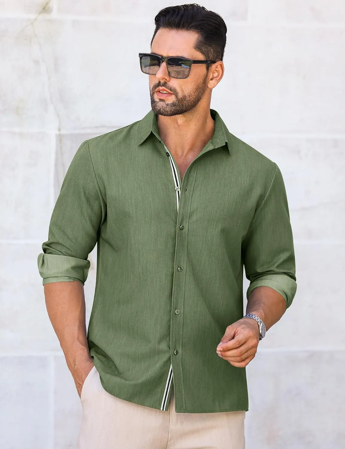 LETSEE Mens Casual Button Down Shirt Untucked Long Sleeve Denim Textured Shirt Strech Wrinkle-Free Dress Shirt