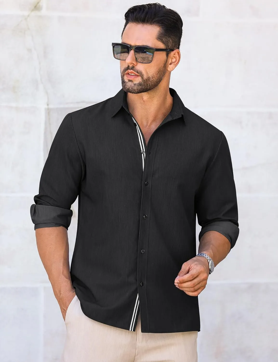LETSEE Mens Casual Button Down Shirt Untucked Long Sleeve Denim Textured Shirt Strech Wrinkle-Free Dress Shirt