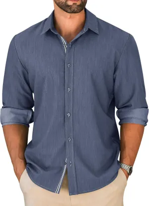 LETSEE Mens Casual Button Down Shirt Untucked Long Sleeve Denim Textured Shirt Strech Wrinkle-Free Dress Shirt