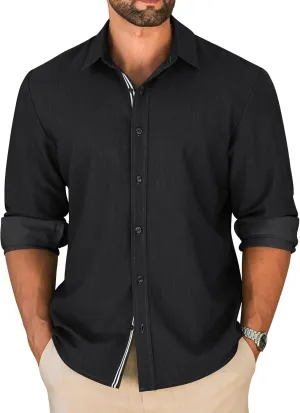 LETSEE Mens Casual Button Down Shirt Untucked Long Sleeve Denim Textured Shirt Strech Wrinkle-Free Dress Shirt