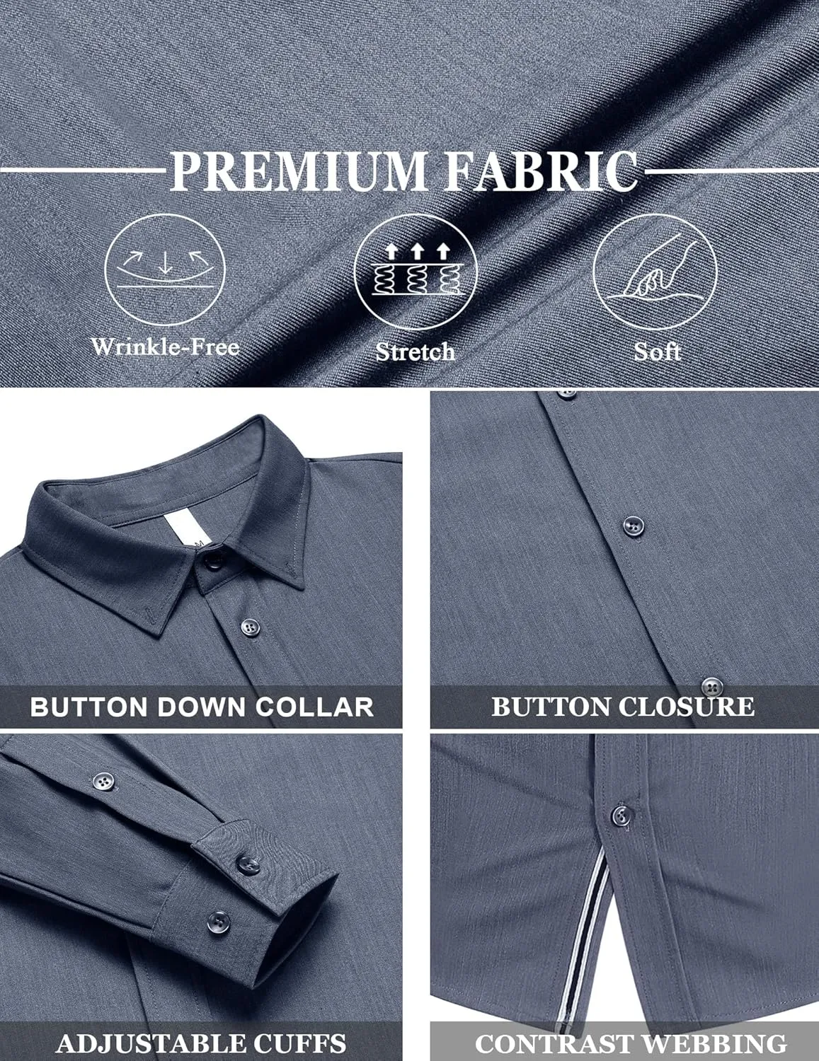 LETSEE Mens Casual Button Down Shirt Untucked Long Sleeve Denim Textured Shirt Strech Wrinkle-Free Dress Shirt
