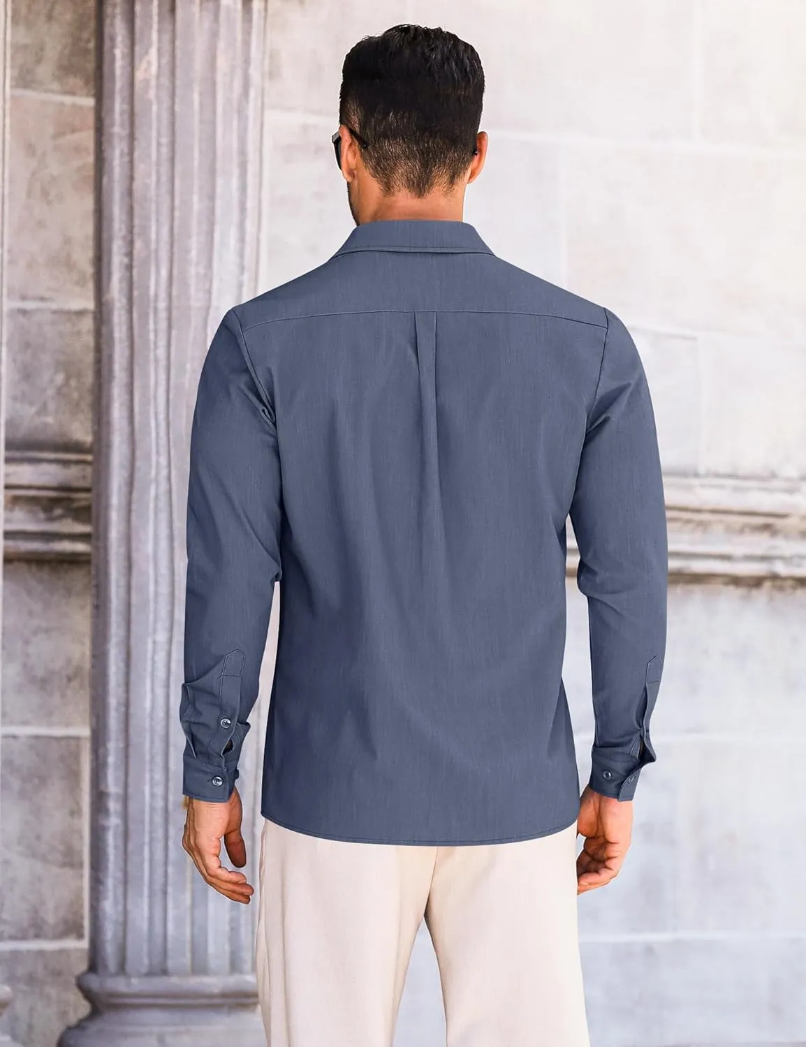 LETSEE Mens Casual Button Down Shirt Untucked Long Sleeve Denim Textured Shirt Strech Wrinkle-Free Dress Shirt