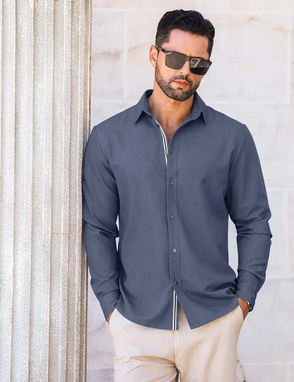 LETSEE Mens Casual Button Down Shirt Untucked Long Sleeve Denim Textured Shirt Strech Wrinkle-Free Dress Shirt