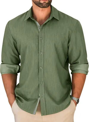 LETSEE Mens Casual Button Down Shirt Untucked Long Sleeve Denim Textured Shirt Strech Wrinkle-Free Dress Shirt