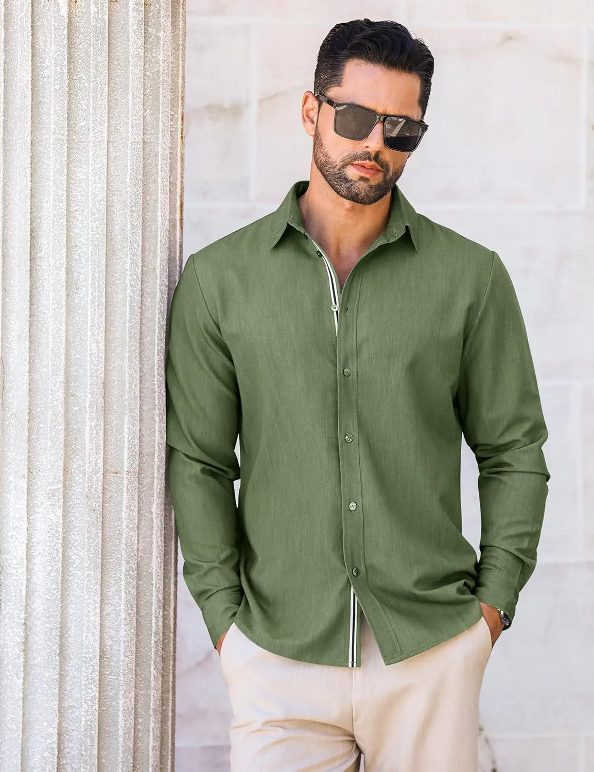 LETSEE Mens Casual Button Down Shirt Untucked Long Sleeve Denim Textured Shirt Strech Wrinkle-Free Dress Shirt
