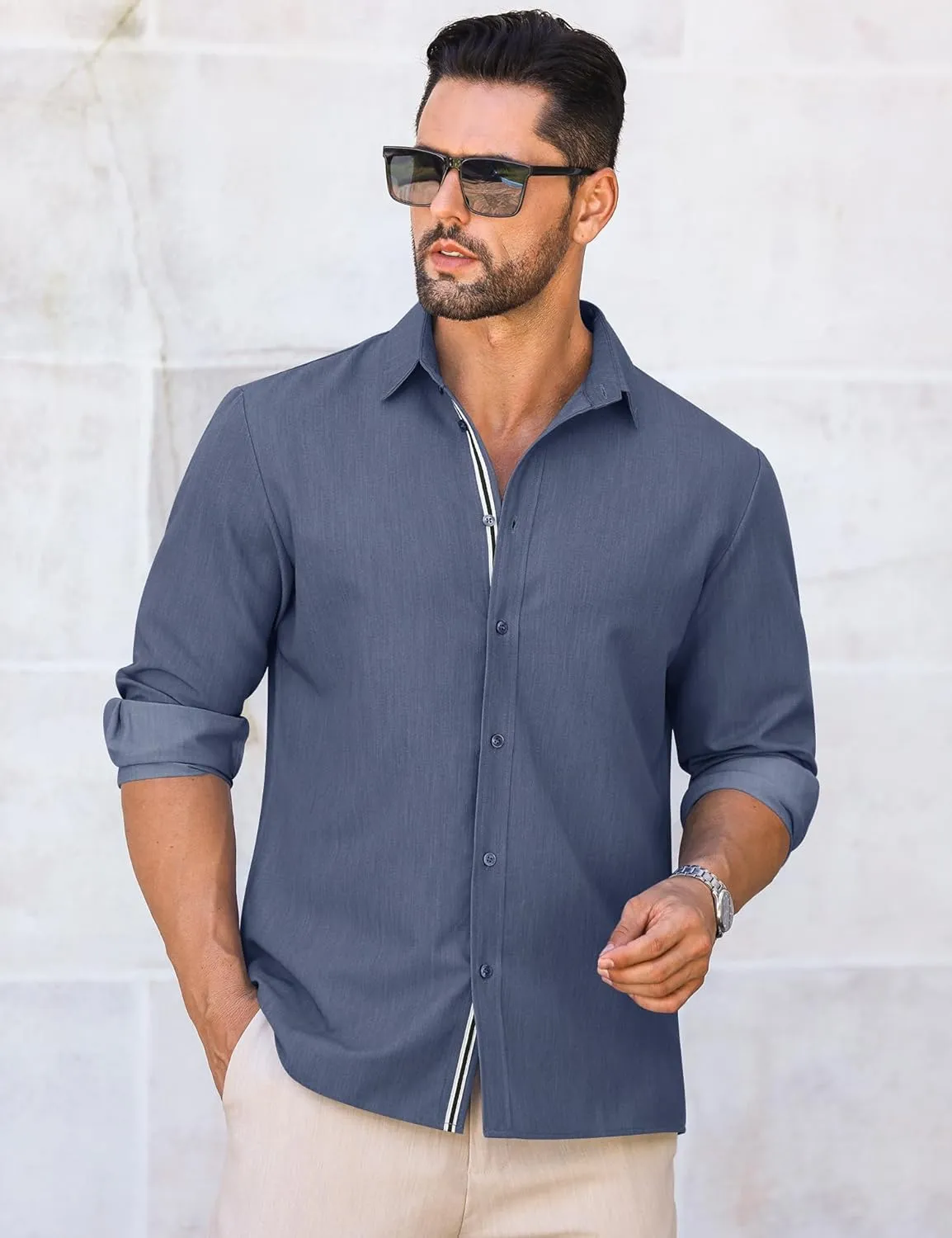 LETSEE Mens Casual Button Down Shirt Untucked Long Sleeve Denim Textured Shirt Strech Wrinkle-Free Dress Shirt