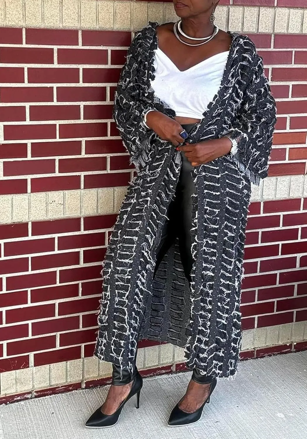LETSVDO Women's Ripped Denim Duster Kimono Cardigan Oversized Distressed Hollow Out Open Front Long Jean Jacket Coat