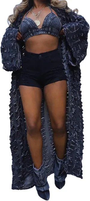 LETSVDO Women's Ripped Denim Duster Kimono Cardigan Oversized Distressed Hollow Out Open Front Long Jean Jacket Coat