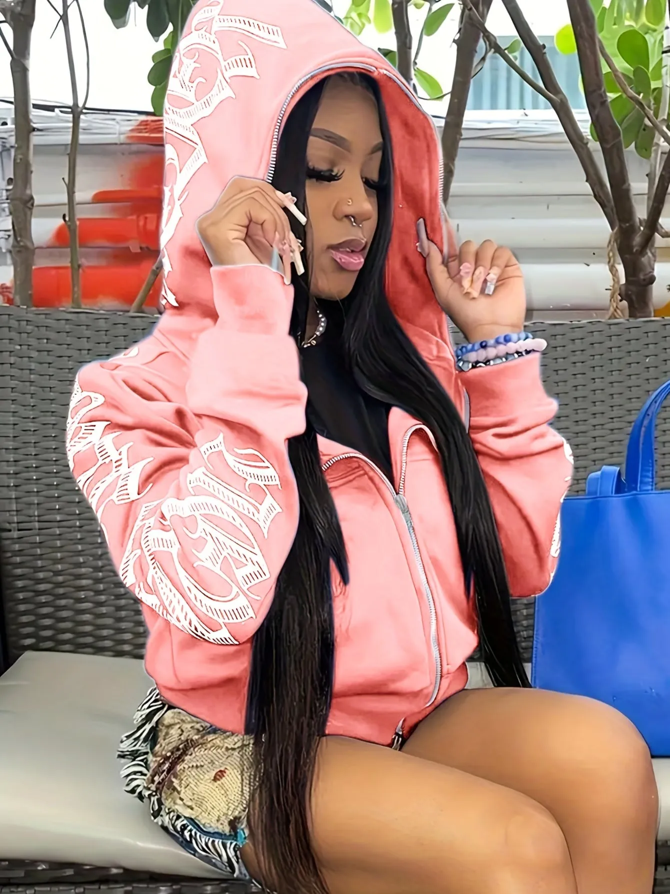 Letter Print Long Sleeve Zip Up Hoodies RG2041