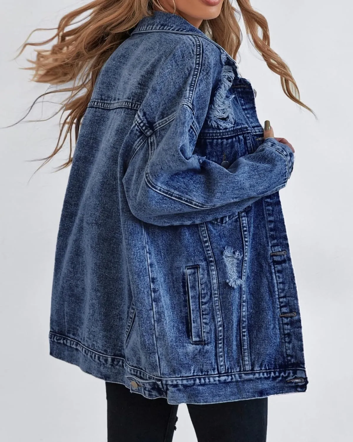 LifeShe Women's long oversized denim jacket boyfriend ripped distressed jean jackets coat