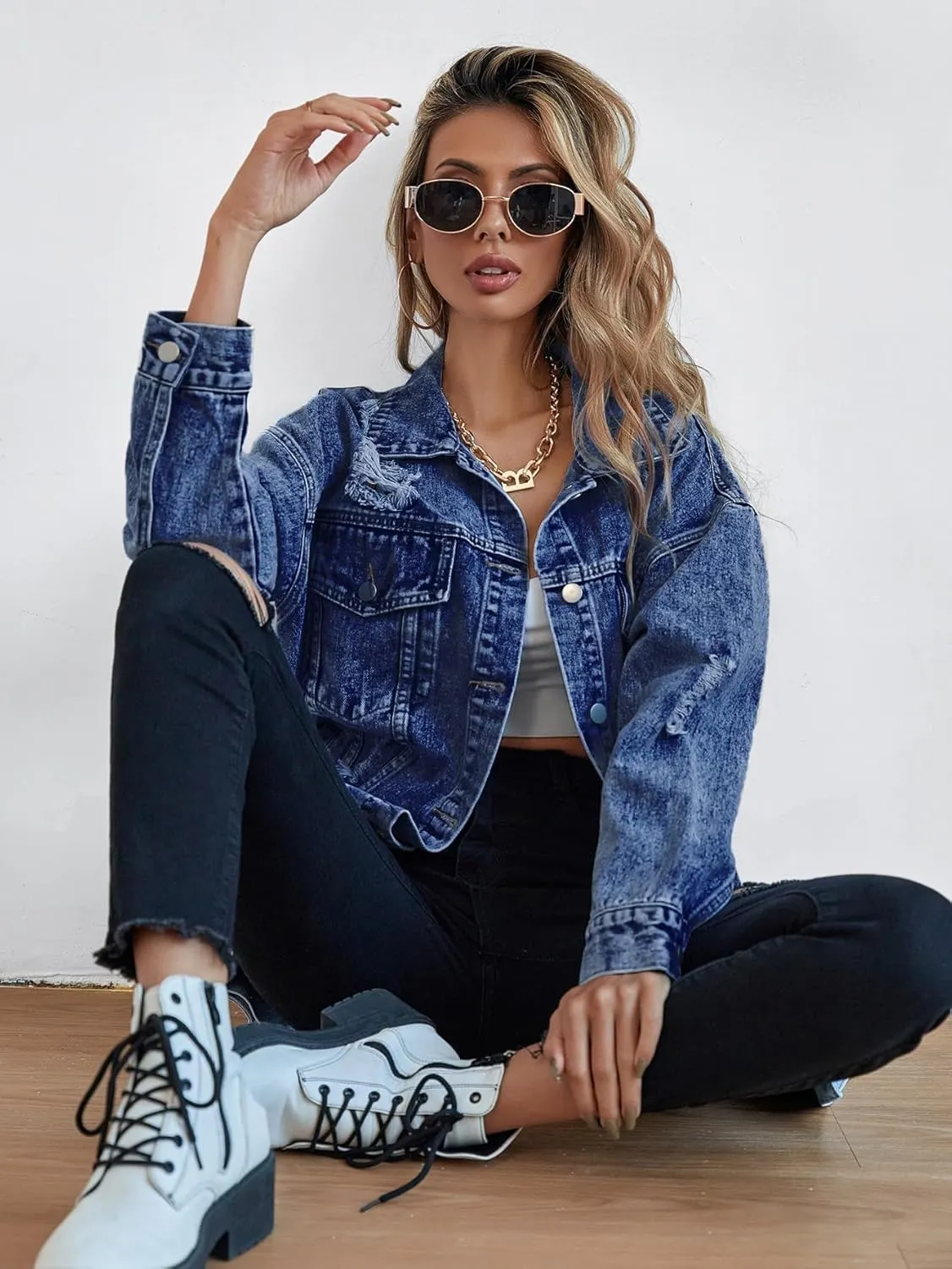 LifeShe Women's long oversized denim jacket boyfriend ripped distressed jean jackets coat