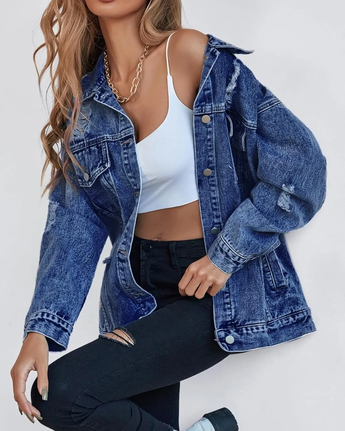 LifeShe Women's long oversized denim jacket boyfriend ripped distressed jean jackets coat