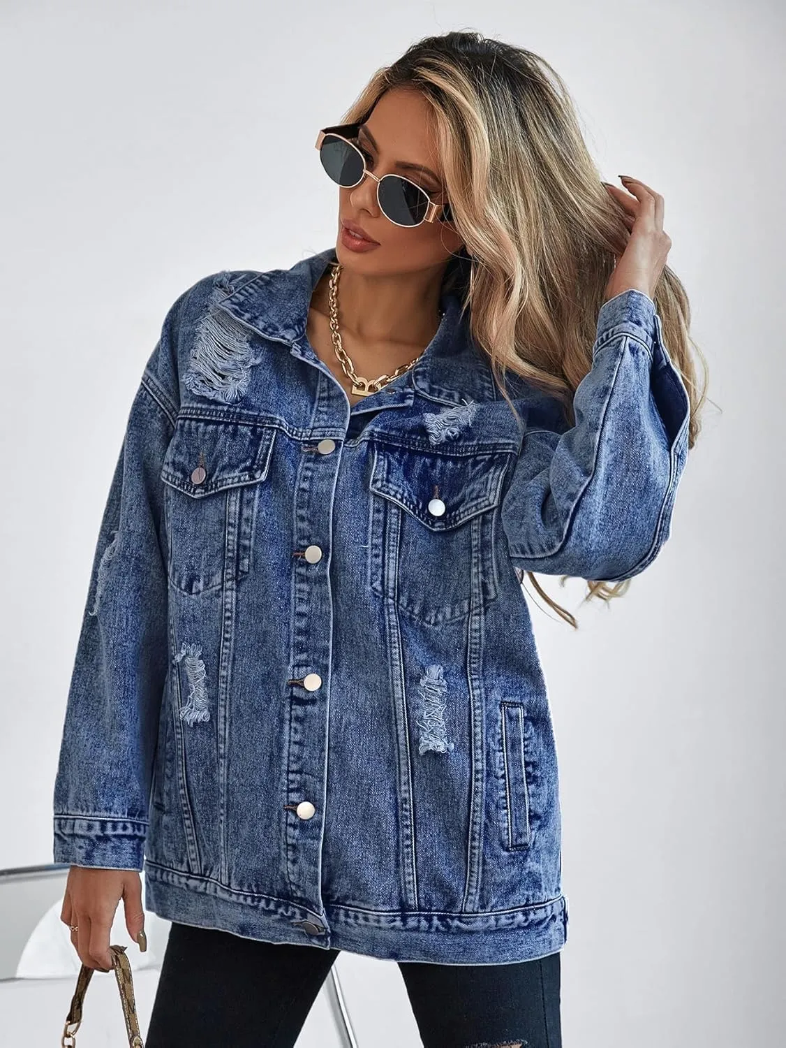 LifeShe Women's long oversized denim jacket boyfriend ripped distressed jean jackets coat