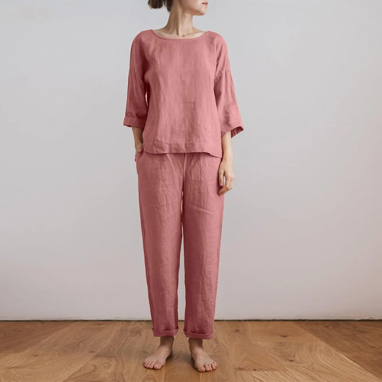 Linen 2 Piece Sets for Women Summer 2025 Causl Long Sleeve Shirts Wide Leg Pant Matching Set Womens Outfits
