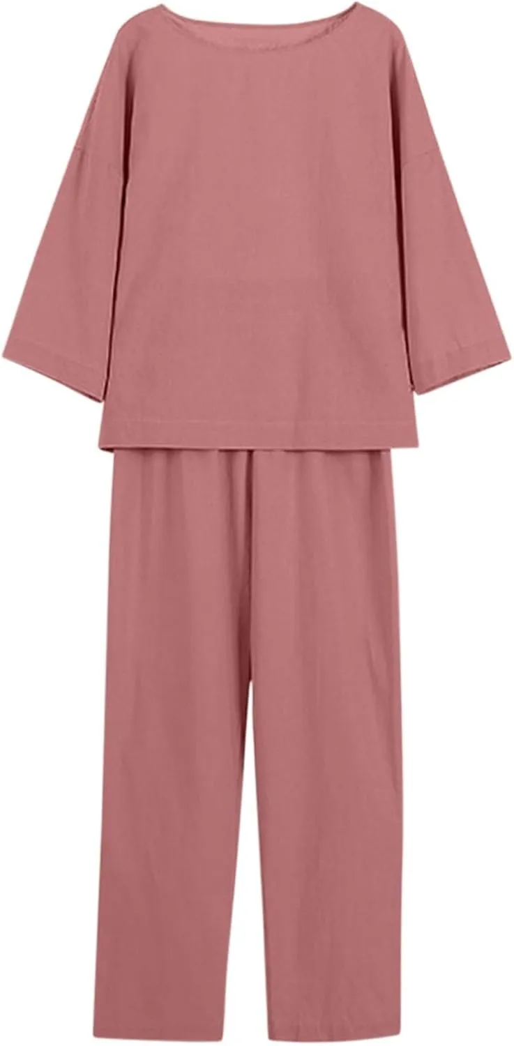 Linen 2 Piece Sets for Women Summer 2025 Causl Long Sleeve Shirts Wide Leg Pant Matching Set Womens Outfits