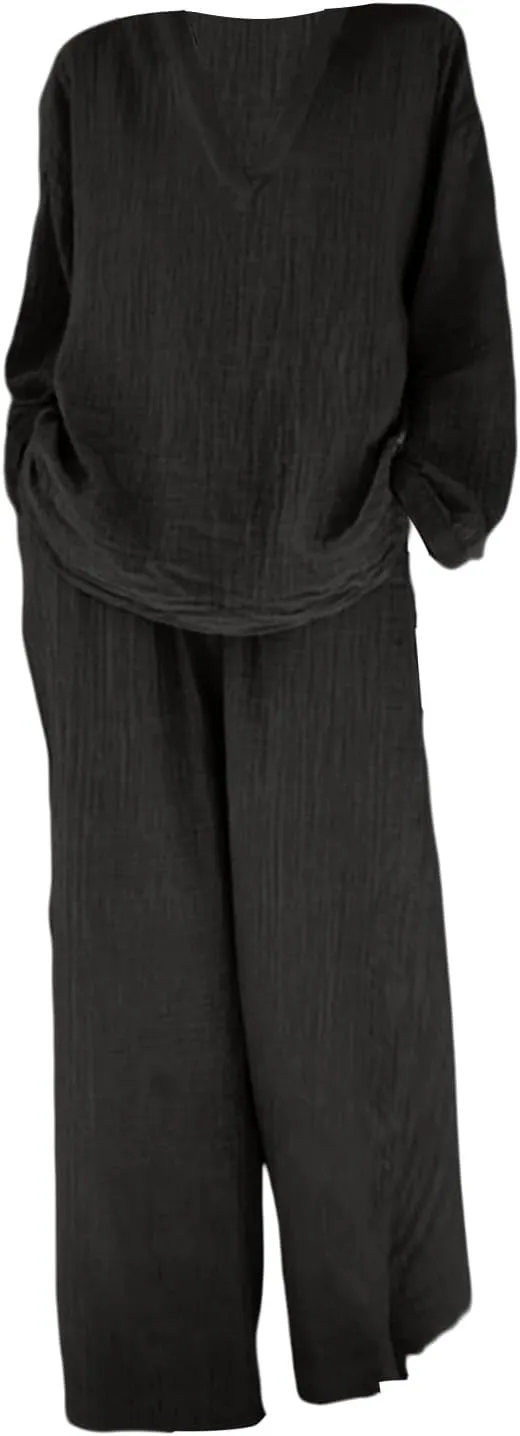 Linen 2 Piece Sets for Women Summer 2025 Causl Long Sleeve Shirts Wide Leg Pant Matching Set Womens Outfits