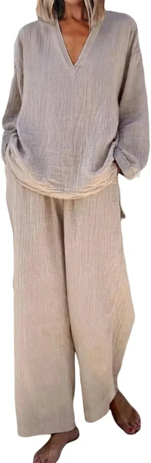 Linen 2 Piece Sets for Women Summer 2025 Causl Long Sleeve Shirts Wide Leg Pant Matching Set Womens Outfits