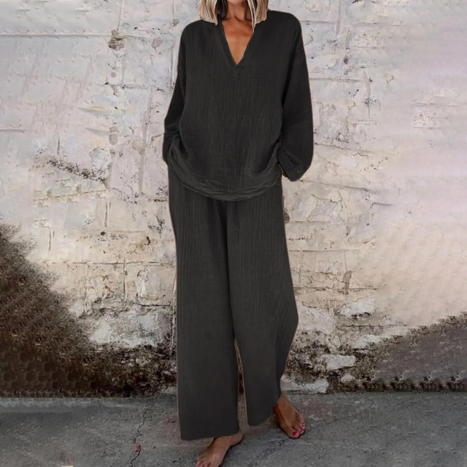Linen 2 Piece Sets for Women Summer 2025 Causl Long Sleeve Shirts Wide Leg Pant Matching Set Womens Outfits