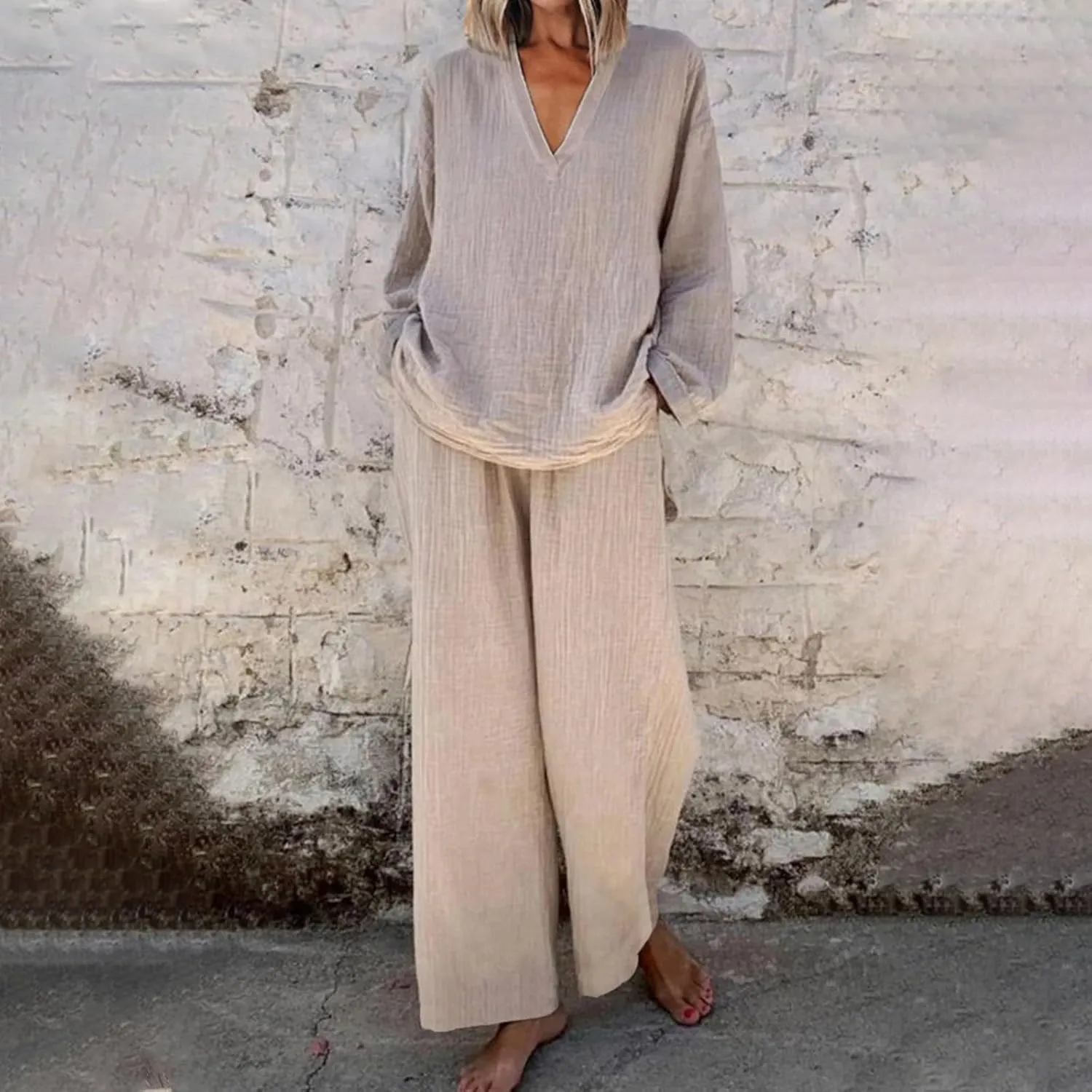 Linen 2 Piece Sets for Women Summer 2025 Causl Long Sleeve Shirts Wide Leg Pant Matching Set Womens Outfits