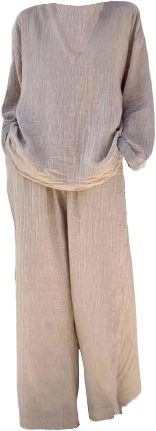 Linen 2 Piece Sets for Women Summer 2025 Causl Long Sleeve Shirts Wide Leg Pant Matching Set Womens Outfits